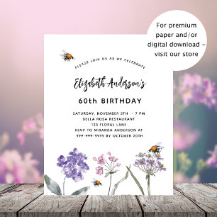 Birthday wildflowers violet pink budget invitation flyer