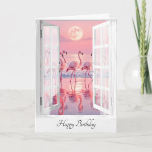Birthday Window With Flamingos Card