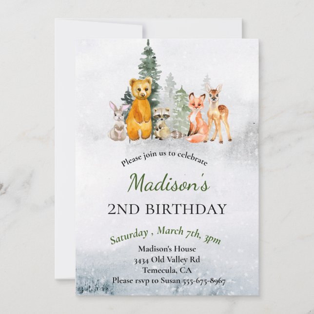 Birthday  Winter Woodland Animals Holiday Invitation (Front)