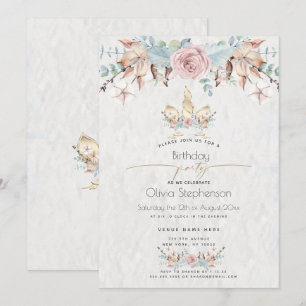 Birthday Winter Woodland Floral Gold Unicorn Invitation