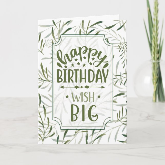 Birthday Wish Big Botanical Sage Green Leaves Card (Front)