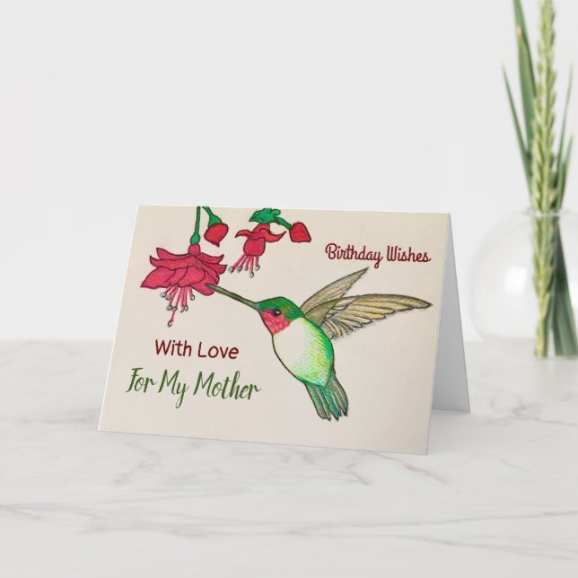 Birthday Wishers For My Mother Hummingbird Garden Card (Front)