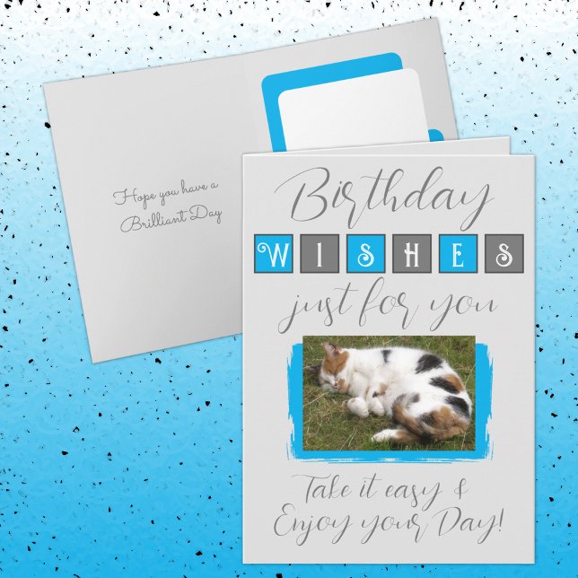 Birthday wishes add cat photo grey blue card (Creator Uploaded)