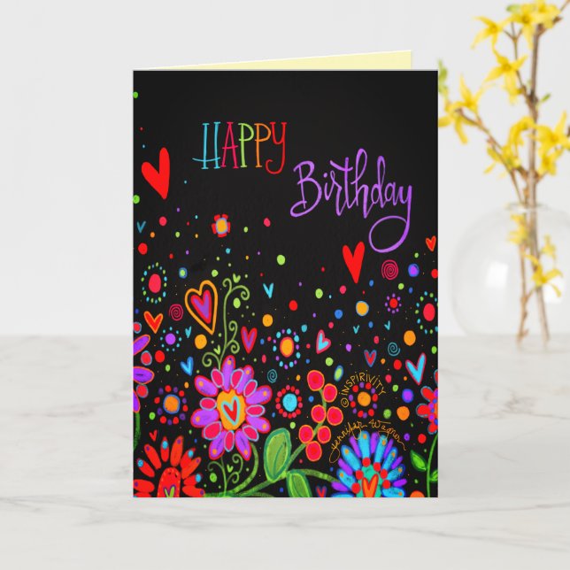 Birthday Wishes Black Colourful Modern Trendy  Card (Yellow Flower)