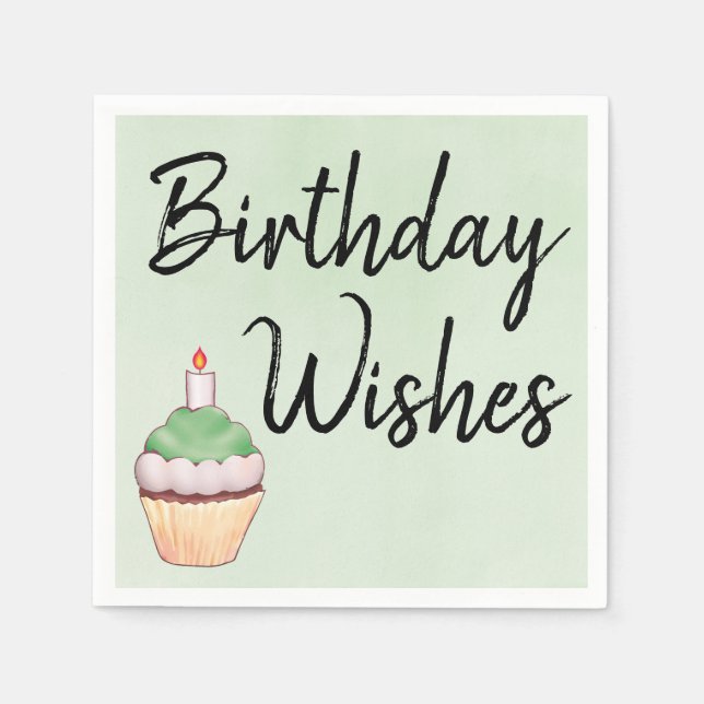 Birthday Wishes Cupcake Green Watercolor Napkin (Front)