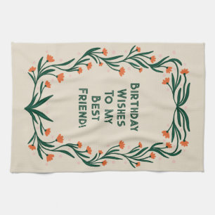 Birthday Wishes Elegant Floral Frame Tea Towel