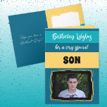 Birthday wishes special son blue photo card<br><div class="desc">Birthday wishes for a very special son / or personalise for another person.
Add your photo and a message.
Hope you have a brilliant day.
Black,  blue and yellow.</div>