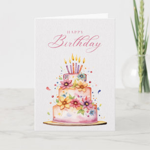Birthday with a colourful, floral 3 tier cakr card