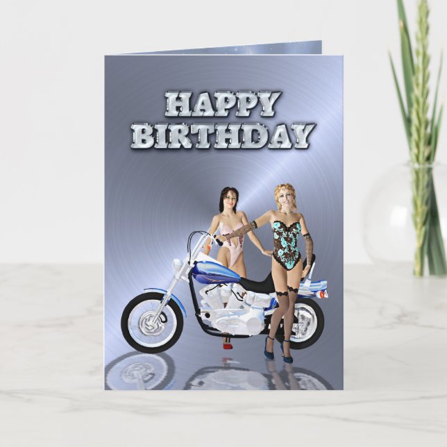 Birthday with girls and a motorcycle card (Front)