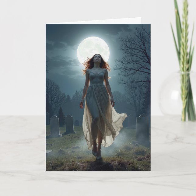 Birthday Woman Walking In a Moonlit Cemetery Card (Front)