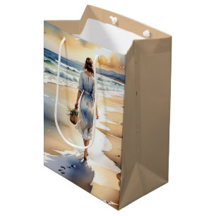 Birthday Woman Walking the Beach Watercolor Medium Gift Bag
