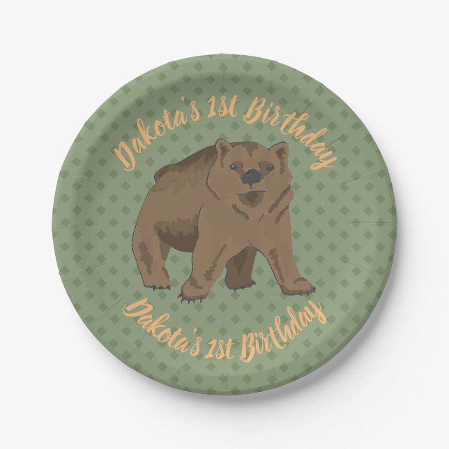 Birthday Woodland Brown Bear Cub Paper Plate (Front)