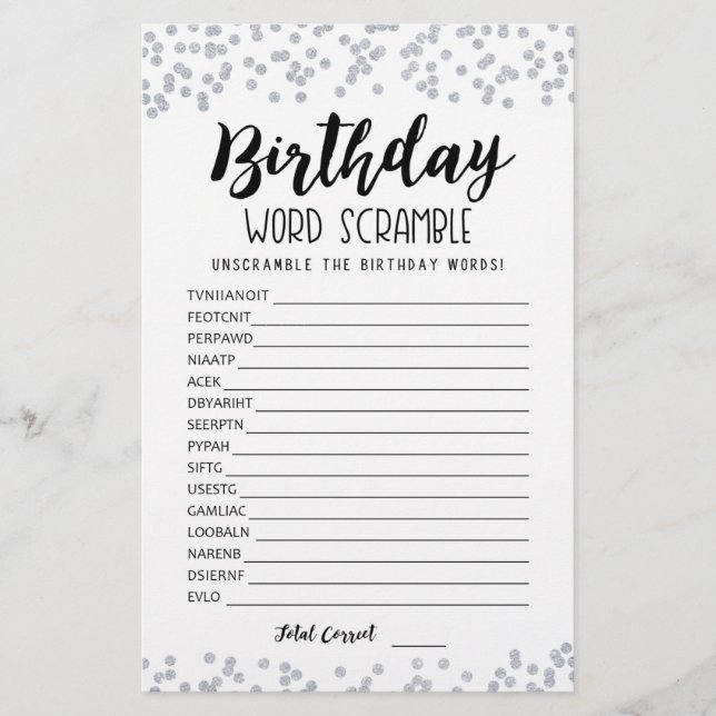 Birthday word scramble game with Answers (Front)