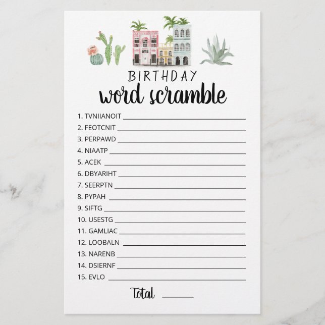 Birthday word scramble game with Answers (Front)