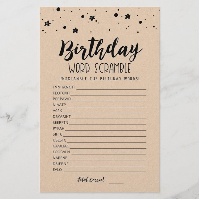 Birthday word scramble game with Answers (Front)
