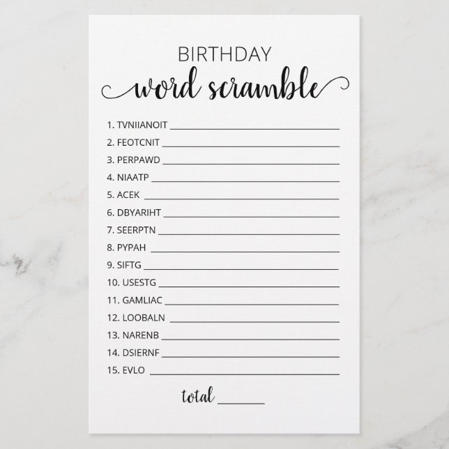 Birthday word scramble game with Answers (Front)
