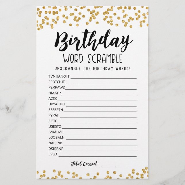 Birthday word scramble game with Answers (Front)