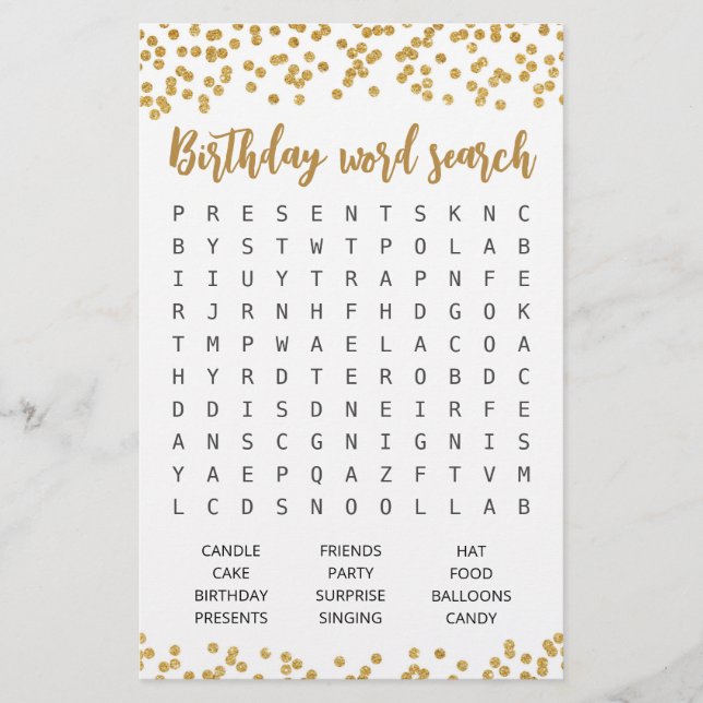 Birthday Word search game Birthday party (Front)