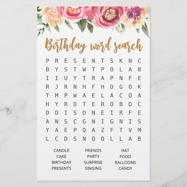 Birthday Word search game Birthday party (Front)