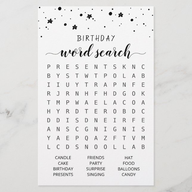 Birthday Word search game Birthday party (Front)