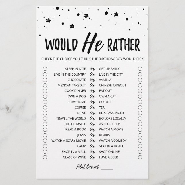 Birthday Would He Rather editable game (Front)