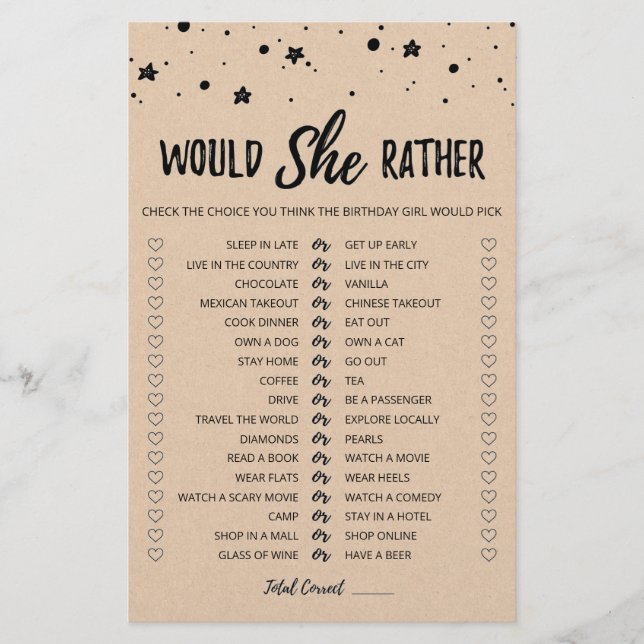 Birthday Would She Rather editable game (Front)