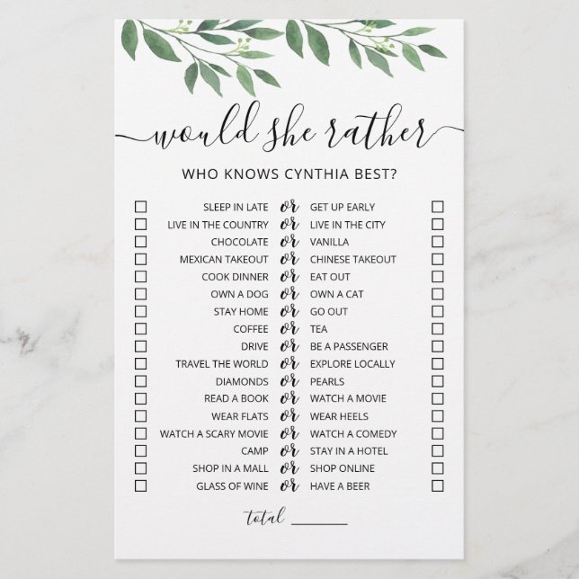 Birthday Would She Rather editable game (Front)