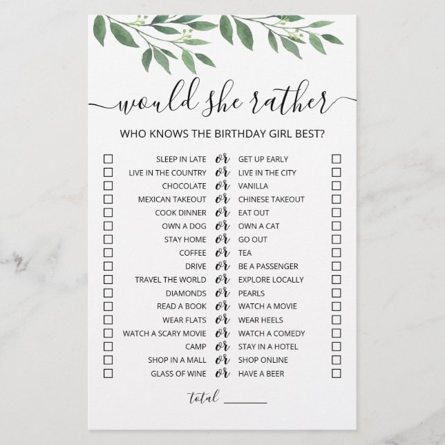 Birthday Would She Rather editable game (Front)