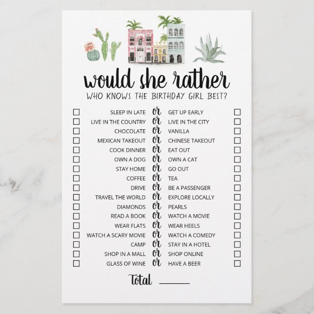 Birthday Would She Rather editable game (Front)