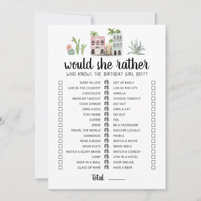 Birthday Would She Rather editable game Card (Front)