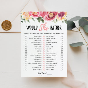 Birthday Would She Rather editable game Card