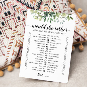 Birthday Would She Rather editable game Card