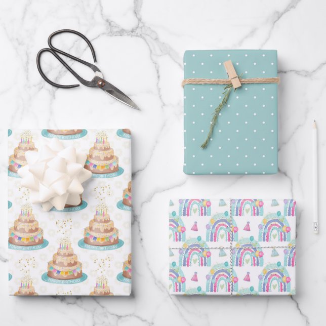 Birthday Wrapping Paper Cake and Rainbows Set of 3 (Front)