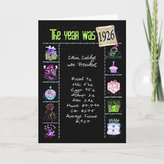 Birthday Year 1926 Fun Trivia Facts Card (Front)