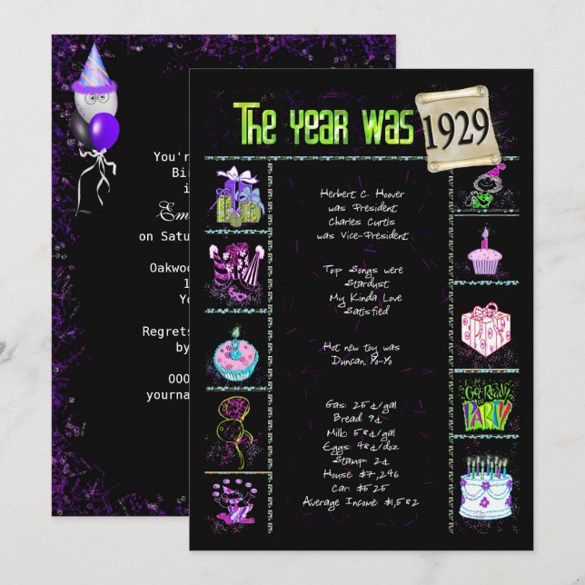 Birthday Year 1929 Invitation (Front/Back)