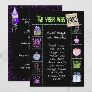 Birthday Year 1982 Trivia On Black Invitation