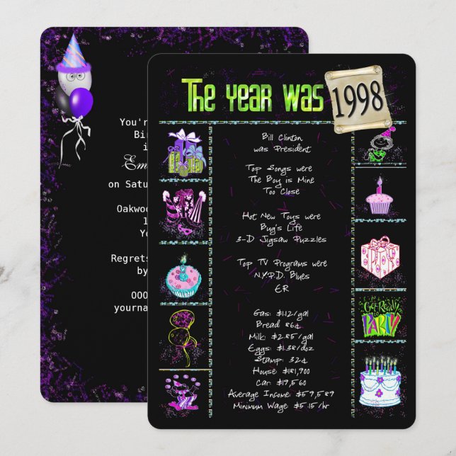 Birthday Year 1998 Invitation (Front/Back)