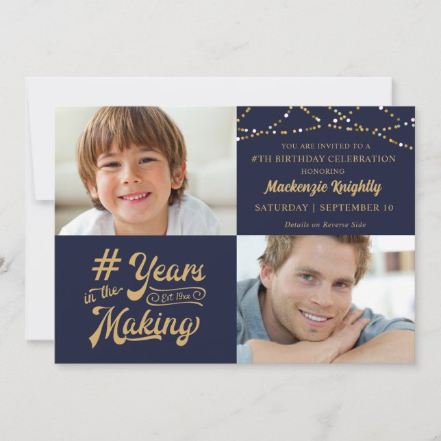 Birthday Years in the Making 2 Photos Navy Gold Invitation (Front)