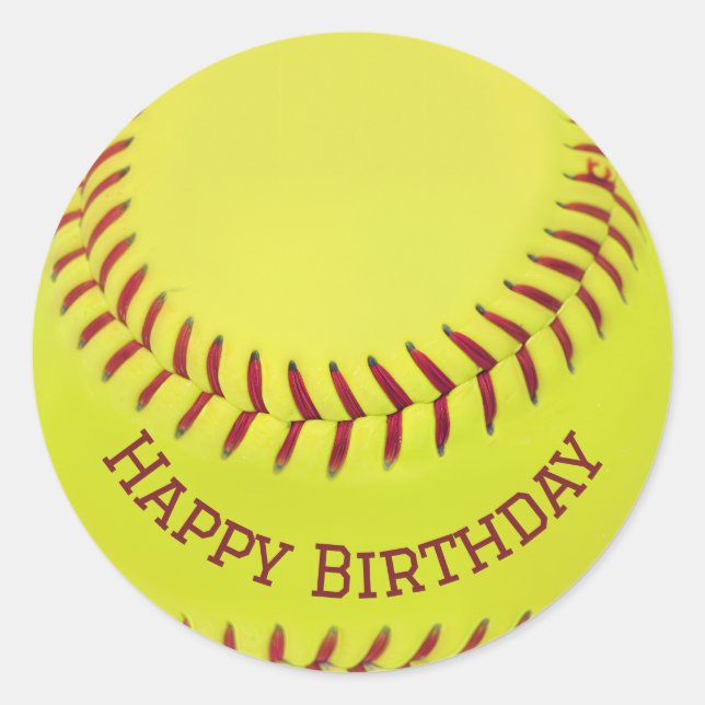 Birthday Yellow Softball Classic Round Sticker (Front)