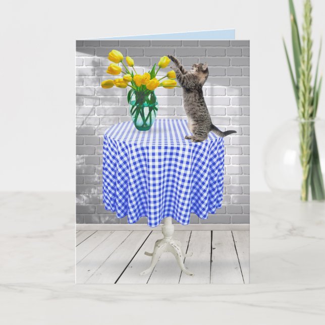 Birthday Yellow Tulips With Cat Card (Front)