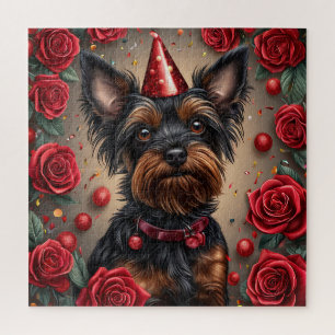 Birthday Yorkshire Terrier Wearing Party Hat Jigsaw Puzzle