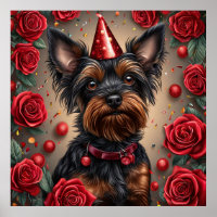 Birthday Yorkshire Terrier Wearing Party Hat
