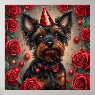 Birthday Yorkshire Terrier Wearing Party Hat Poster