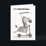 Birthday Zebra Scooter Fun Free Spirit Card<br><div class="desc">weeeeee... ..we hope their day brings lots of fun,  smiles,  laughs and joy!  Contented zebra sails happily on his/her scooter having a great time.  This card wishes the birthday gal or guy a great time,  too.  We left it blank inside for your personal message.  Thank you for your interest.</div>