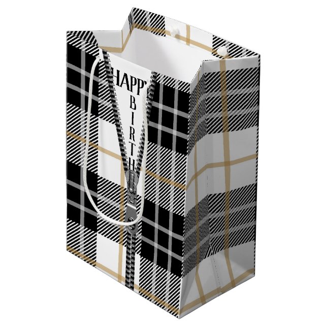 Birthday Zipper On Tartan Plaid  Medium Gift Bag (Front Angled)