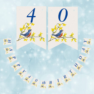 BirthdayBlue Red Bird on Branch Yellow Flowers Bunting