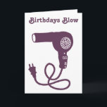 Birthdays Blow custom message purple hairdryer Card<br><div class="desc">This greeting card features a simple hand-drawn style illustration of a vintage hairdryer in purple. This card is ready to be customised with your own message on the front and the inside in orange script lettering so that you can create a funny card for birthdays or any occasion.</div>