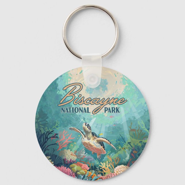 Biscayne National Park Florida Turtle Coral Retro Key Ring (Front)