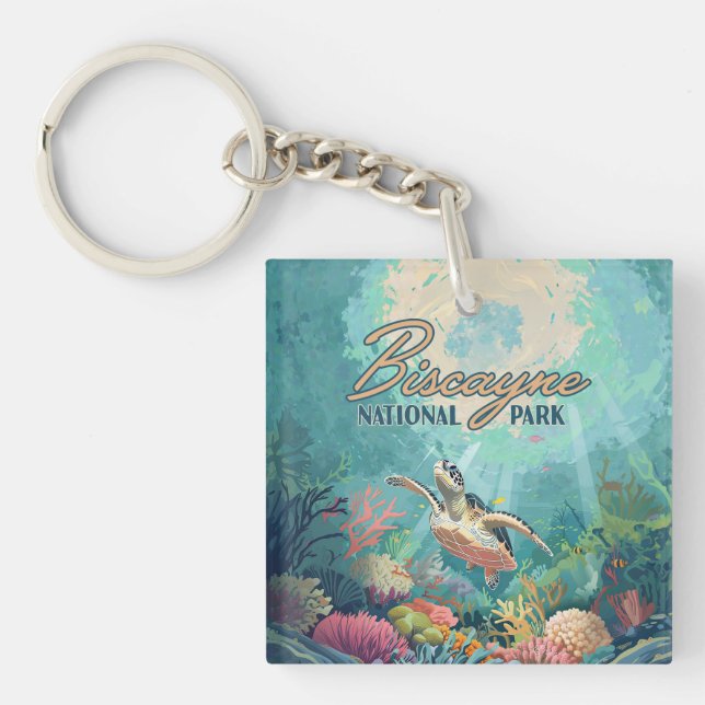 Biscayne National Park Florida Turtle Coral Retro Key Ring (Front)