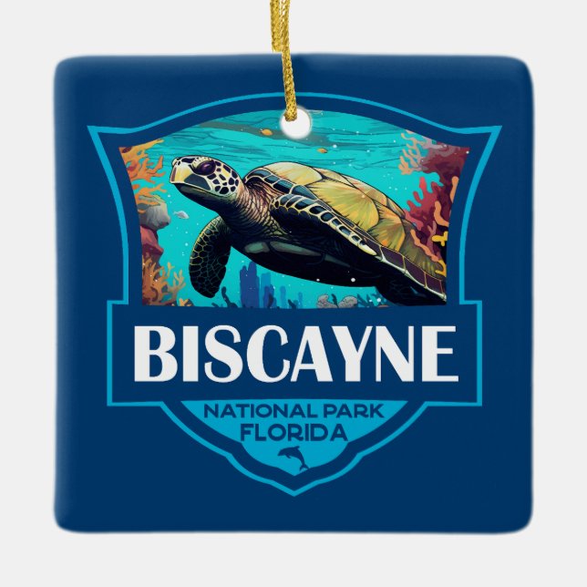 Biscayne National Park Turtle Illustration Retro Ceramic Ornament (Front)